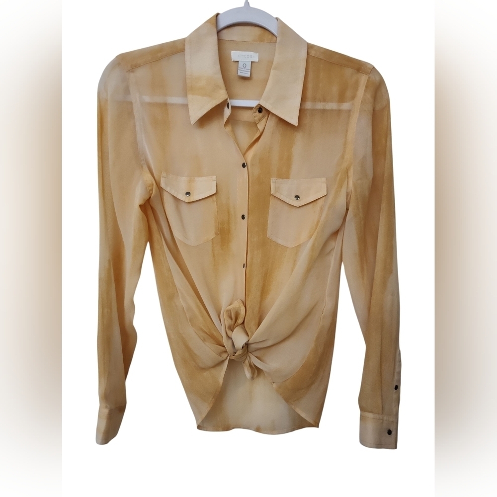 Chicos Sheer Yellow/White Size 0 Button-Up Blouse